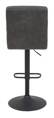 Rückansicht eines Barhockers mit schwarzem Gestell und grauer Rückenlehne.