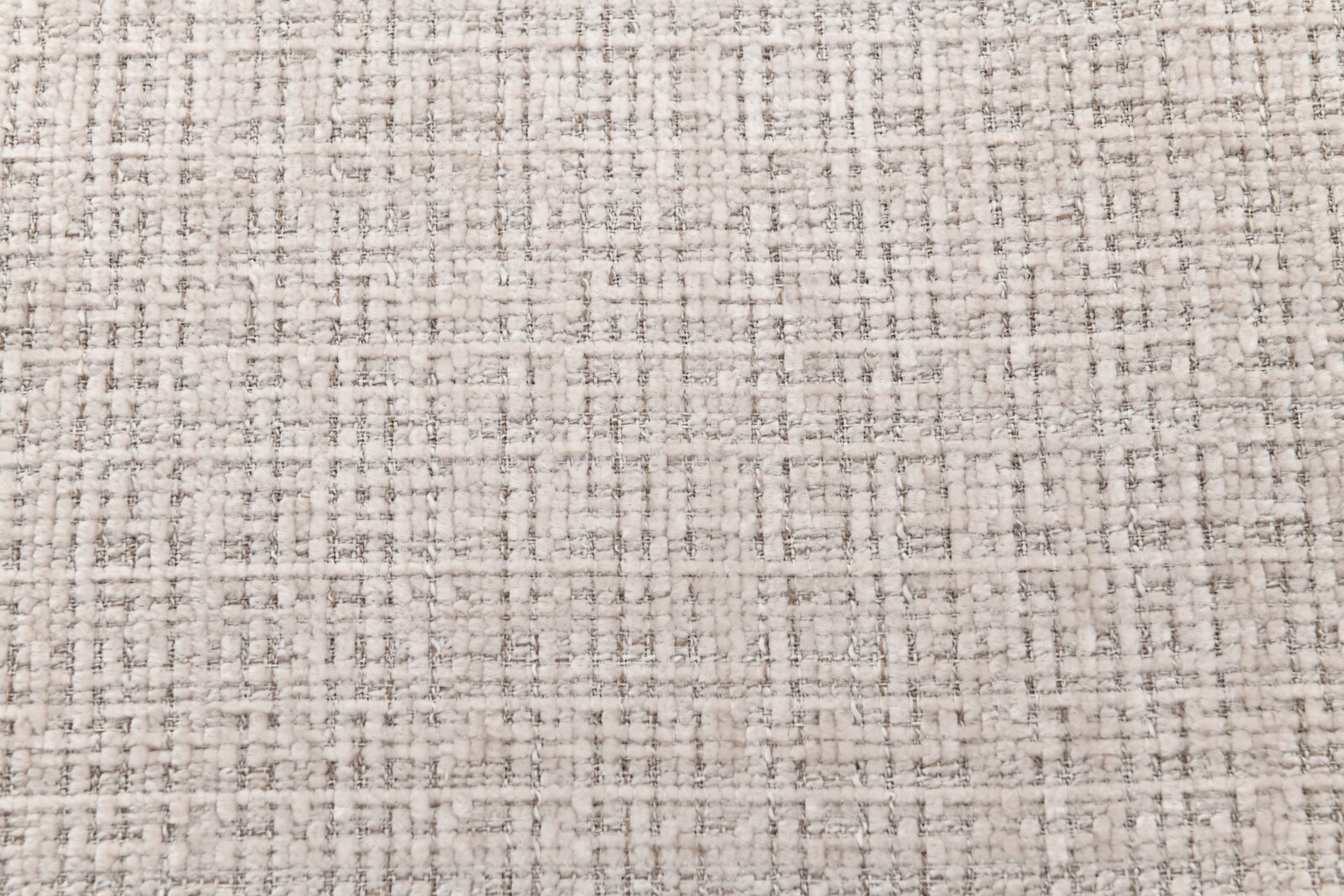 Nahaufnahme/Detailansicht von hellbeigem, grob gewebtem Polsterstoff mit strukturierter Tweed-Optik und dezentem Rastermuster