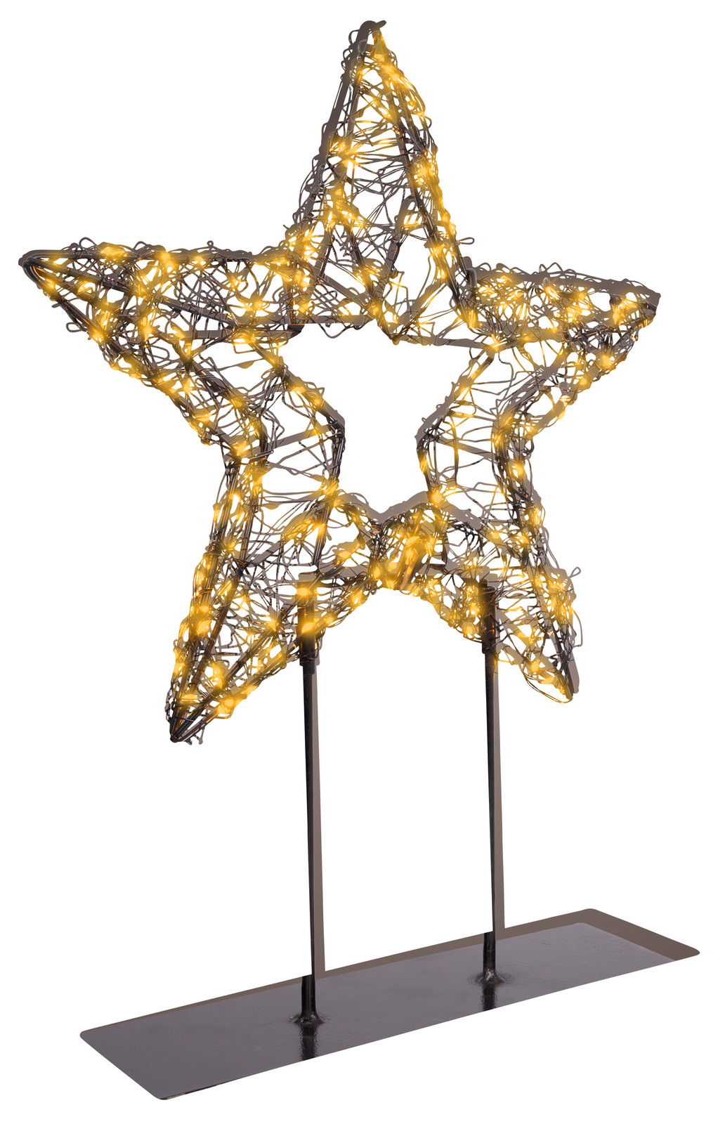 Sternförmige LED-Leuchte auf einem Fuß, aus schwarzem Drahtgeflecht mit warmweißen Lichtern, seitliche Perspektive.
