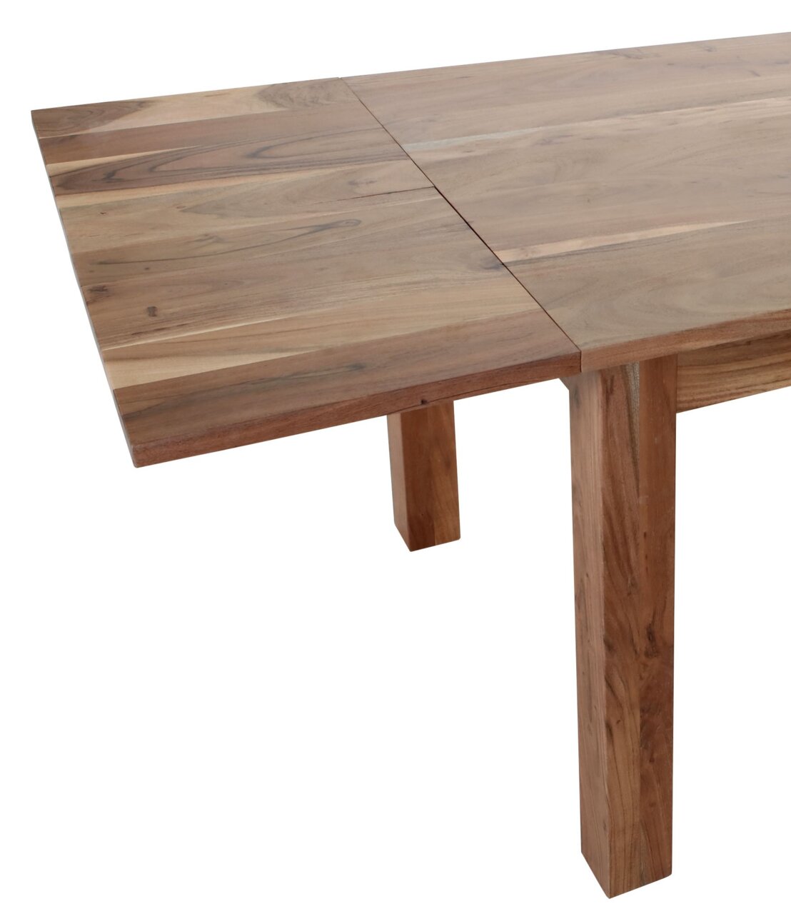 Nahaufnahme eines Esstisches aus Holz mit klarer Sicht auf die Tischplatte und ein Tischbein.