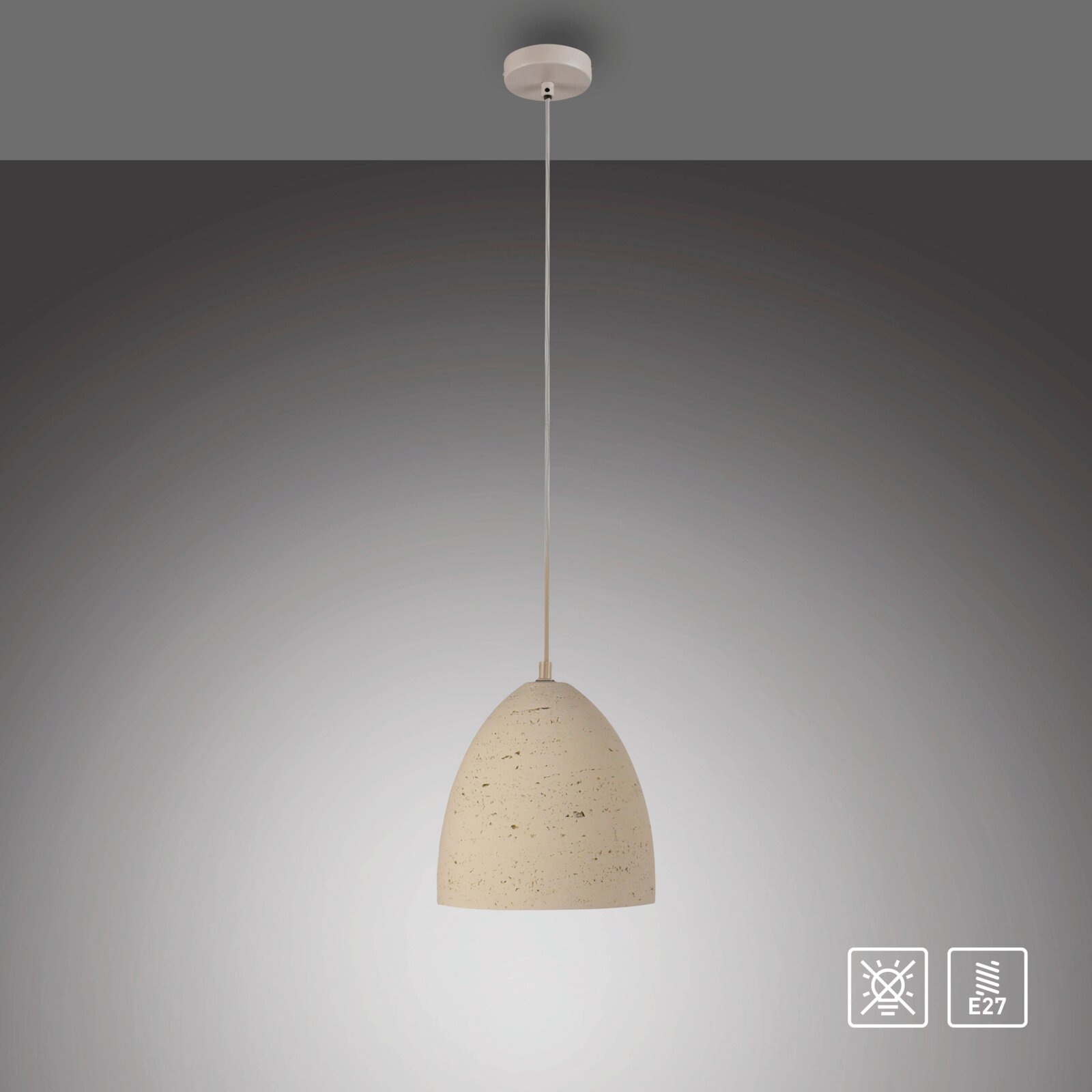Beige Pendelleuchte mit gesprenkeltem, glockenförmigem Schirm und langem Kabel, frontale Ansicht von leicht unten vor grauem Hintergrund