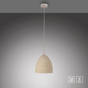 Beige Pendelleuchte mit gesprenkeltem, glockenförmigem Schirm und langem Kabel, frontale Ansicht von leicht unten vor grauem Hintergrund