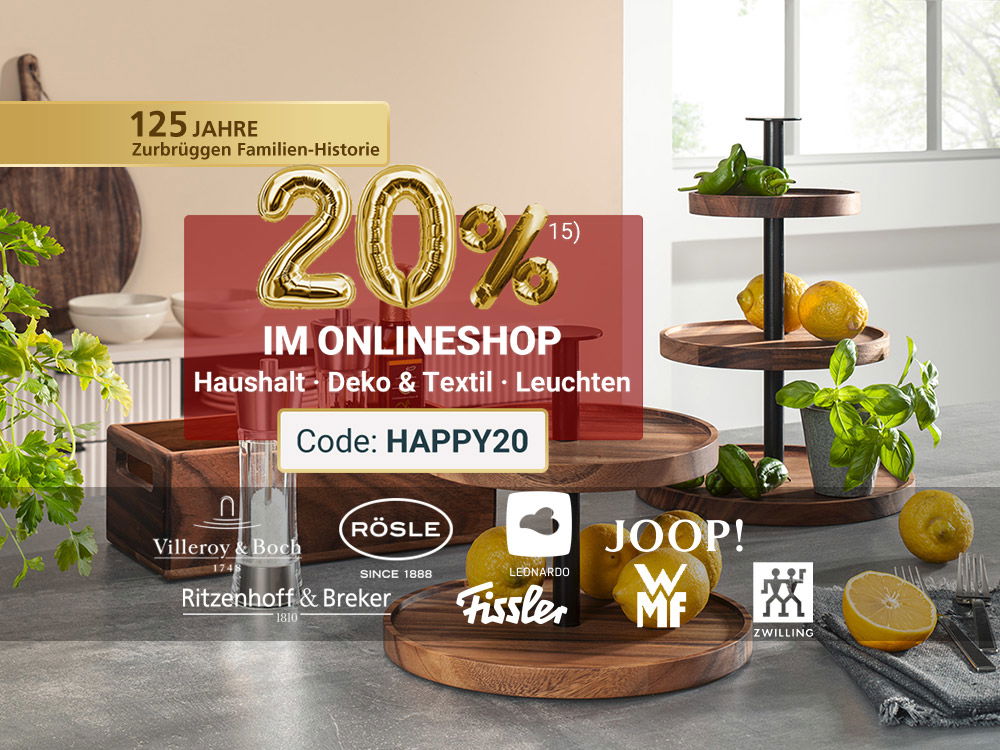Moderne Küchenpräsentation mit Etageren aus Holz, frischen Zitronen, Kräutern und Markenartikeln wie WMF, Fissler und Zwilling