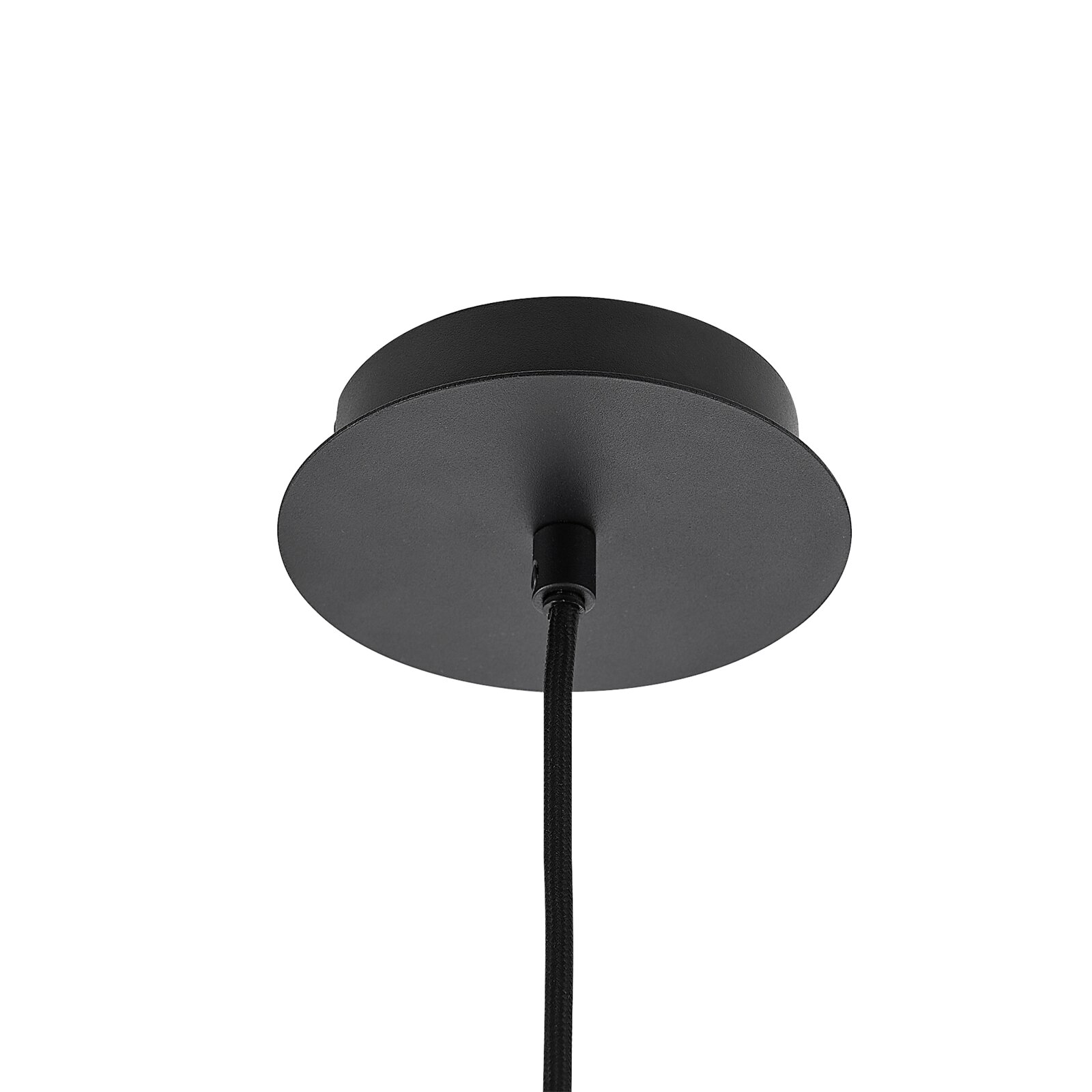Schwarze Deckenhalterung einer Hängeleuchte mit Kabel, von unten betrachtet.