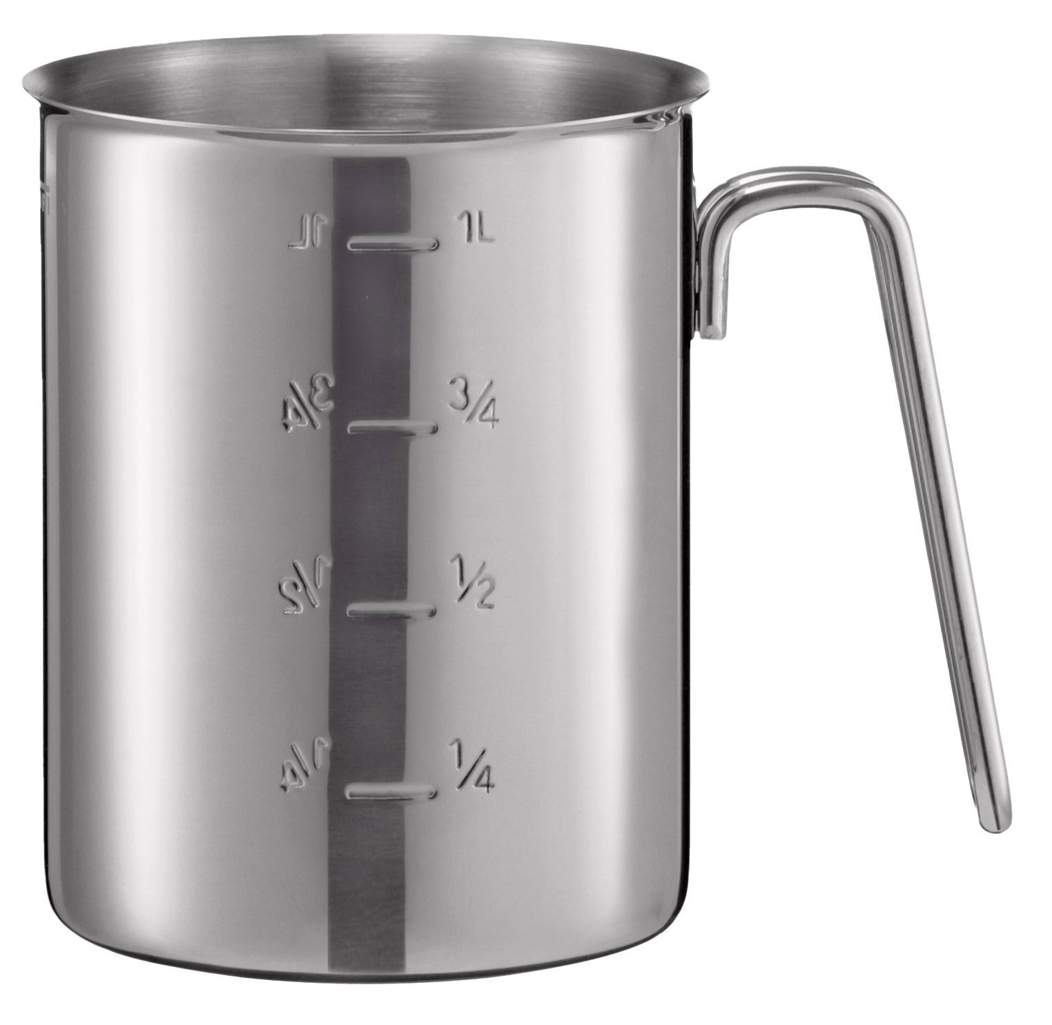Rösle Gastro Messbecher 1 Liter Edelstahl-Messbecher mit 1-Liter-Skala und Griff, seitliche Perspektive