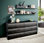 Modernes Sideboard aus dunklem Holz mit sechs Schubladen, dekoriert mit Vasen und Pflanzen, seitliche Perspektive.