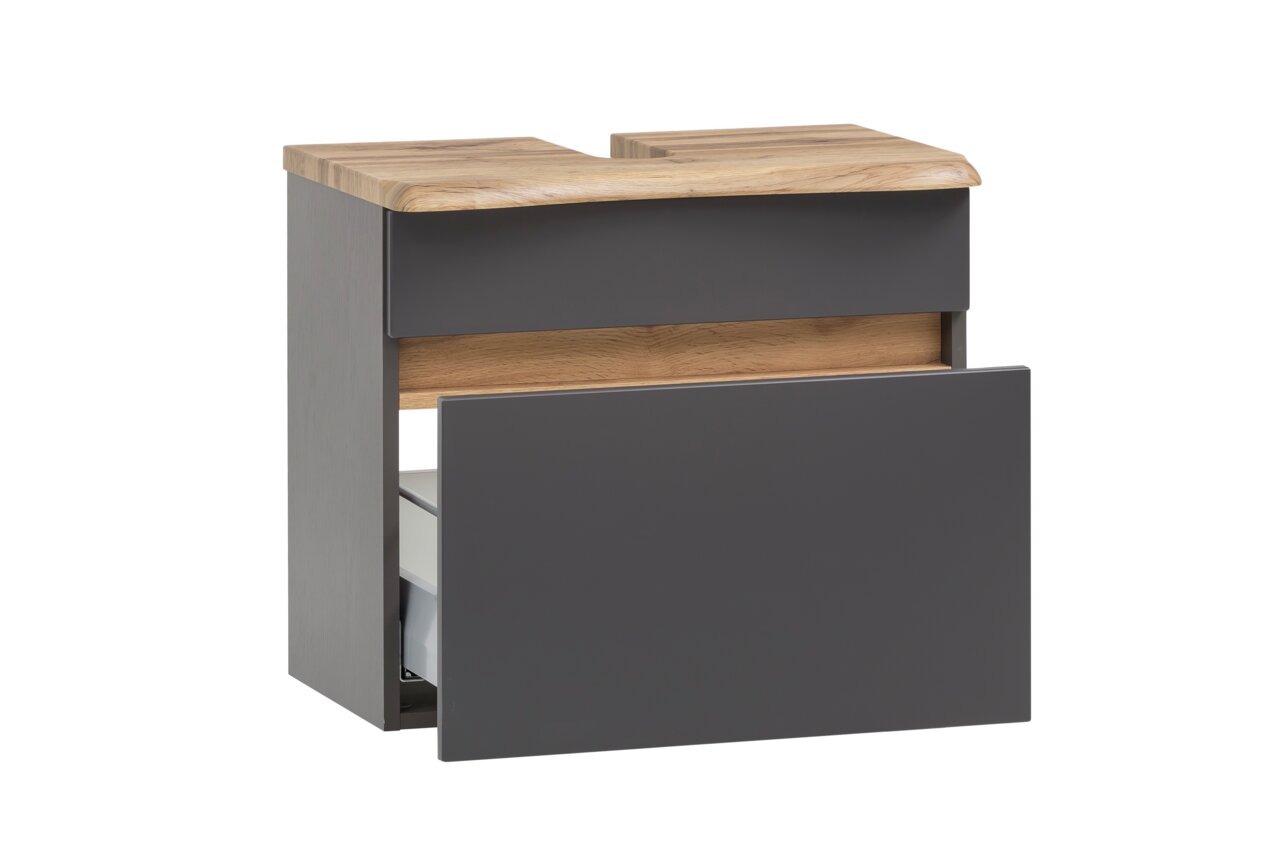 Waschbeckenunterschrank in dunklem Grau mit Holzdetails, perspektivisch von vorne links fotografiert