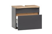 Waschbeckenunterschrank in dunklem Grau mit Holzdetails, perspektivisch von vorne links fotografiert