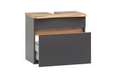 Waschbeckenunterschrank in dunklem Grau mit Holzdetails, perspektivisch von vorne links fotografiert