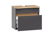 Waschbeckenunterschrank in dunklem Grau mit Holzdetails, perspektivisch von vorne links fotografiert