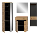 Garderoben-Set in Eicheoptik und Anthrazit mit Hochschrank und Kommode (Türen geöffnet), quadratischem Spiegel und Wandpaneel mit Hutablage und Kleiderstange, Frontansicht
