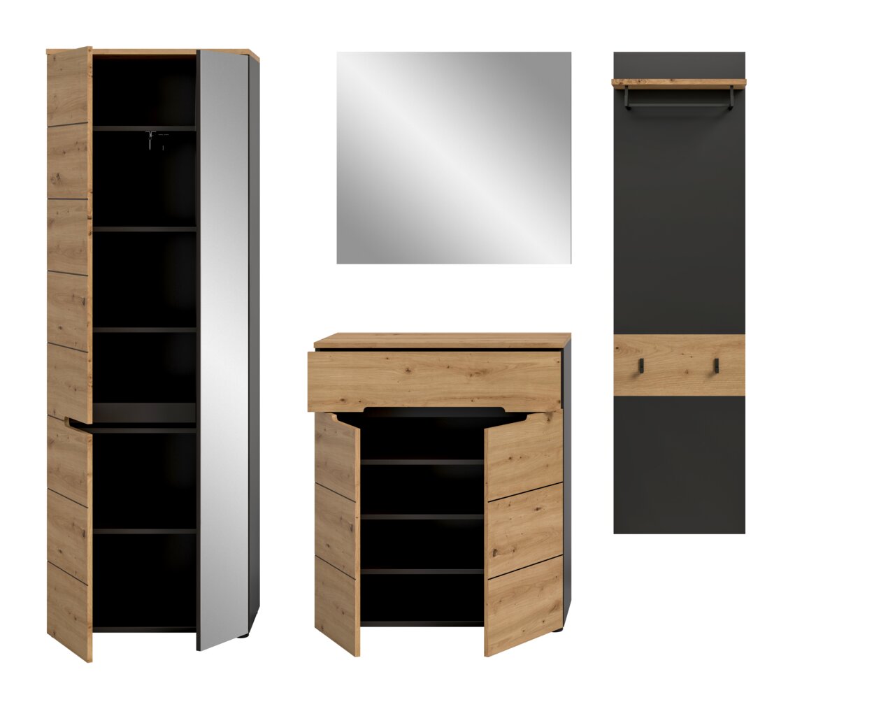 Garderoben-Set in Eicheoptik und Anthrazit mit Hochschrank und Kommode (Türen geöffnet), quadratischem Spiegel und Wandpaneel mit Hutablage und Kleiderstange, Frontansicht