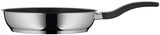 Pfanne aus Edelstahl mit schwarzem Griff, seitliche Perspektive