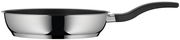Pfanne aus Edelstahl mit schwarzem Griff, seitliche Perspektive
