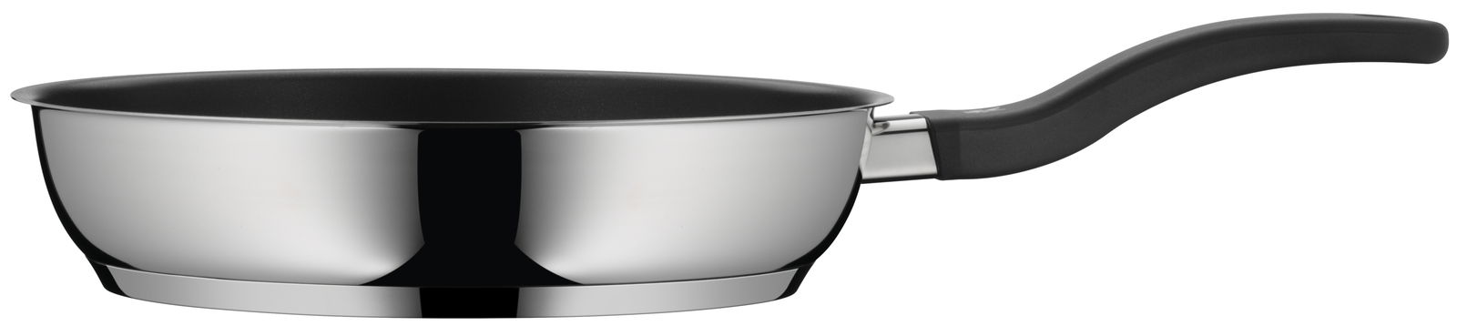 Pfanne aus Edelstahl mit schwarzem Griff, seitliche Perspektive
