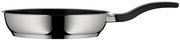 Pfanne aus Edelstahl mit schwarzem Griff, seitliche Perspektive