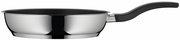 Pfanne aus Edelstahl mit schwarzem Griff, seitliche Perspektive