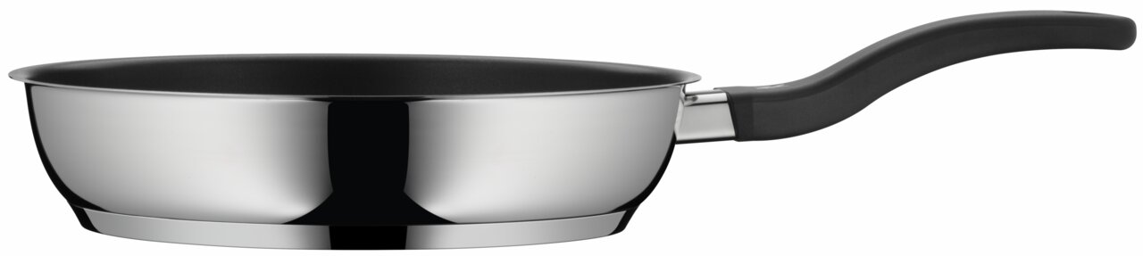 Pfanne aus Edelstahl mit schwarzem Griff, seitliche Perspektive