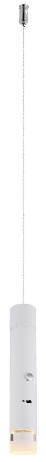 Globo Lighting Akku-Pendelleuchte PELO Moderne Akku-Pendelleuchte in zylindrischer Form, hängend von der Decke, mit silberner Aufhängung und weißem Gehäuse, seitliche Ansicht.