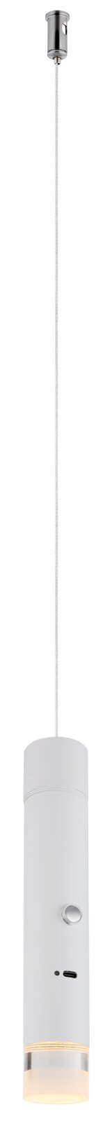 Globo Lighting Akku-Pendelleuchte PELO Moderne Akku-Pendelleuchte in zylindrischer Form, hängend von der Decke, mit silberner Aufhängung und weißem Gehäuse, seitliche Ansicht.