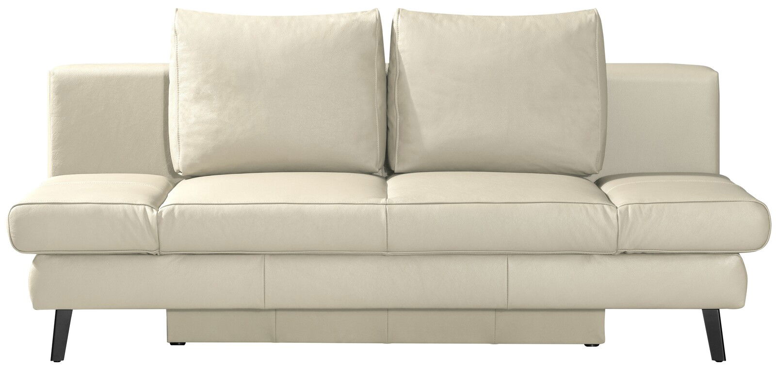 Beige Querschläfer-Sofa in Frontalansicht mit zwei großen Rückenkissen und schwarzen Beinen.