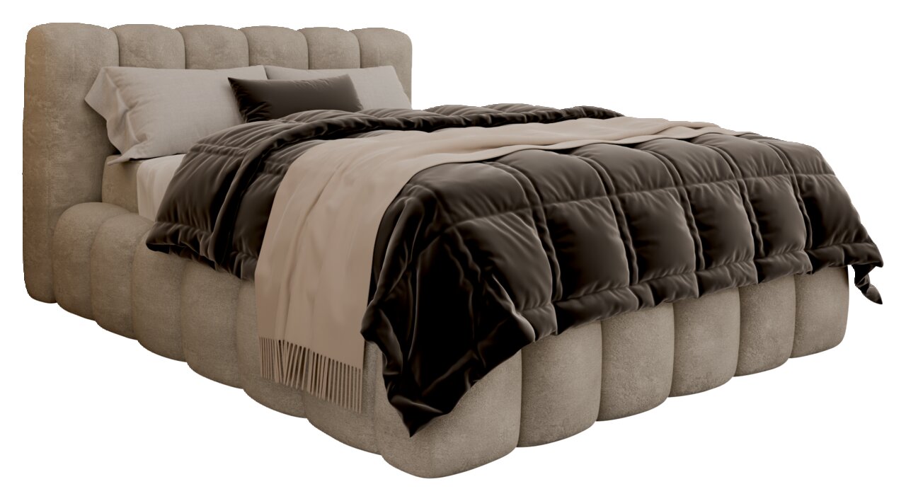 Polsterbettgestell in seitlicher Perspektive mit beigem Kopfteil und luxuriöser Bettwäsche in Schwarz und Beige.