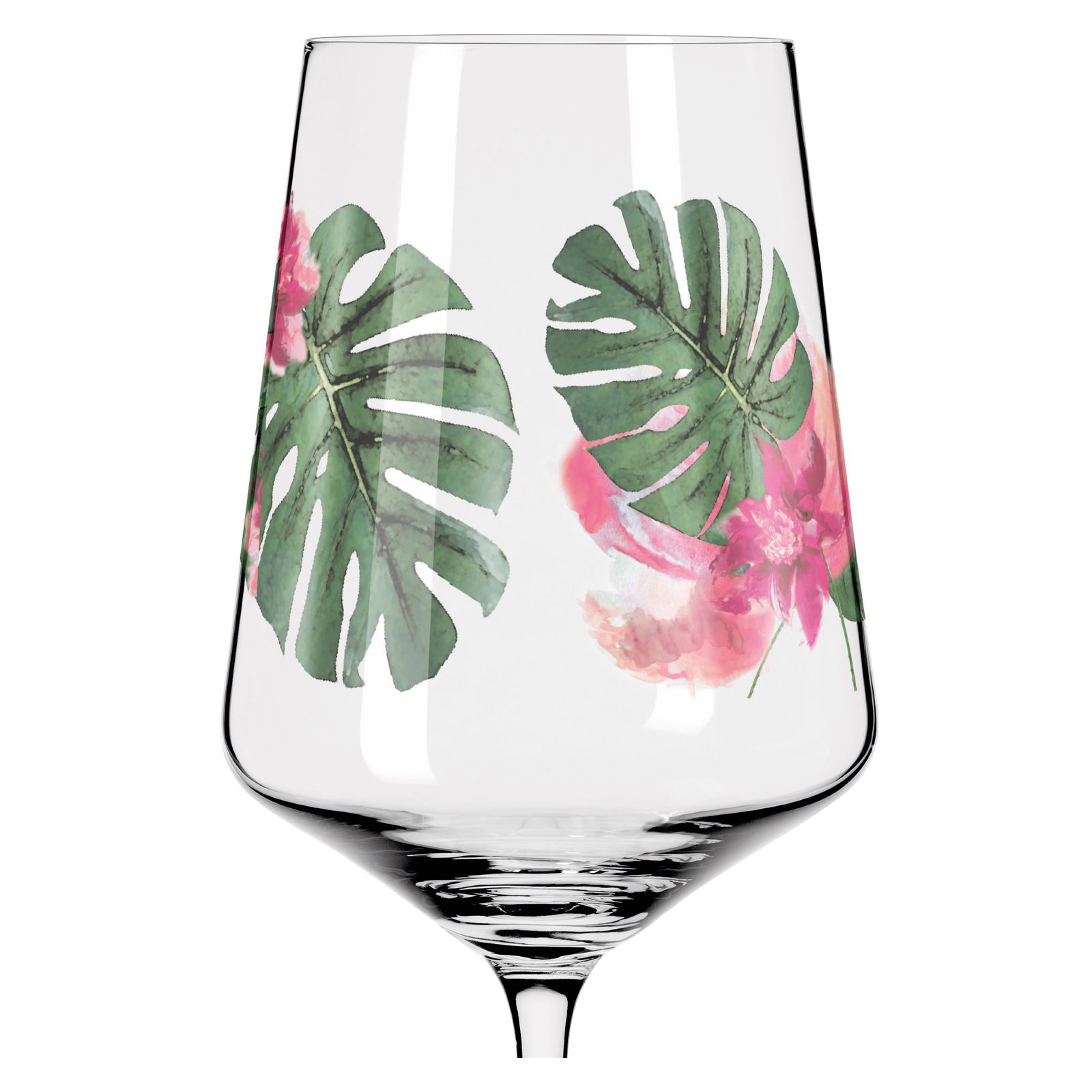 Weinglas mit tropischem Blatt- und Blumenmuster, seitliche Perspektive