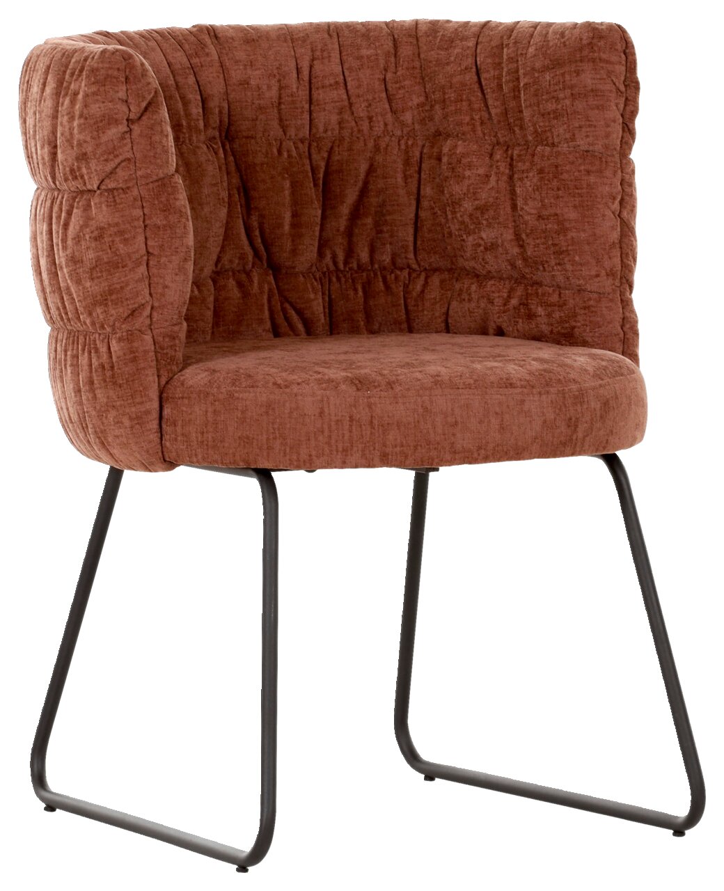 Brauner Armlehnstuhl mit gepolsterter Rückenlehne und Metallbeinen, seitliche Perspektive