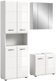Moderne Badkombination in Weiß mit Hochglanzoberfläche, bestehend aus einem hohen Schrank, einem Spiegelschrank und einem Unterschrank. Frontalansicht.