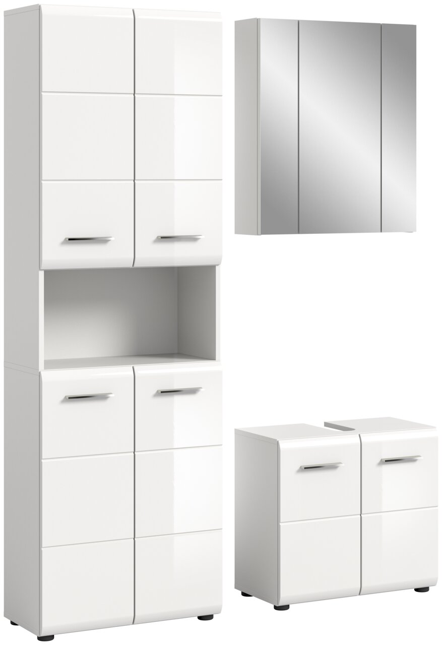MID.YOU Badkombination ICE Moderne Badkombination in Weiß mit Hochglanzoberfläche, bestehend aus einem hohen Schrank, einem Spiegelschrank und einem Unterschrank. Frontalansicht.