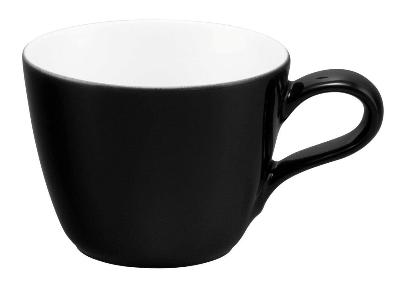 Schwarze Espressotasse mit weißem Innenraum, seitliche Perspektive