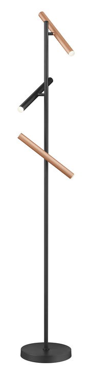 Moderne Stehleuchte CALINA mit drei verstellbaren Leuchtenarmen in Schwarz und Kupfer, seitliche Perspektive.