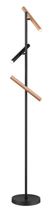 Moderne Stehleuchte CALINA mit drei verstellbaren Leuchtenarmen in Schwarz und Kupfer, seitliche Perspektive.