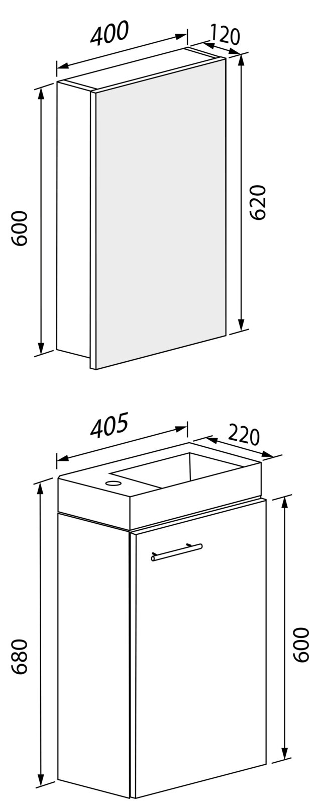 Technische Maßzeichnung eines schmalen Badezimmer-Waschtischunterschranks mit Griff und Waschbecken-Ausschnitt, in isometrischer 3D-Ansicht von schräg vorn; Maße u. a. ca. 405 mm Breite, 220 mm Tiefe, 680 mm Höhe (Korpus 600 mm), zusätzlich oben ein passe