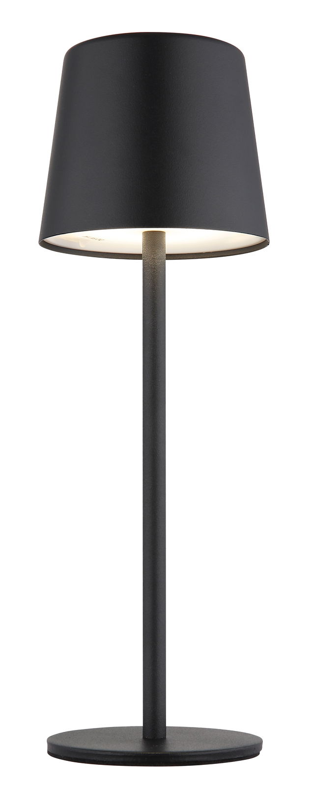 Moderne schwarze Tischleuchte mit zylindrischem Lampenschirm, seitliche Perspektive