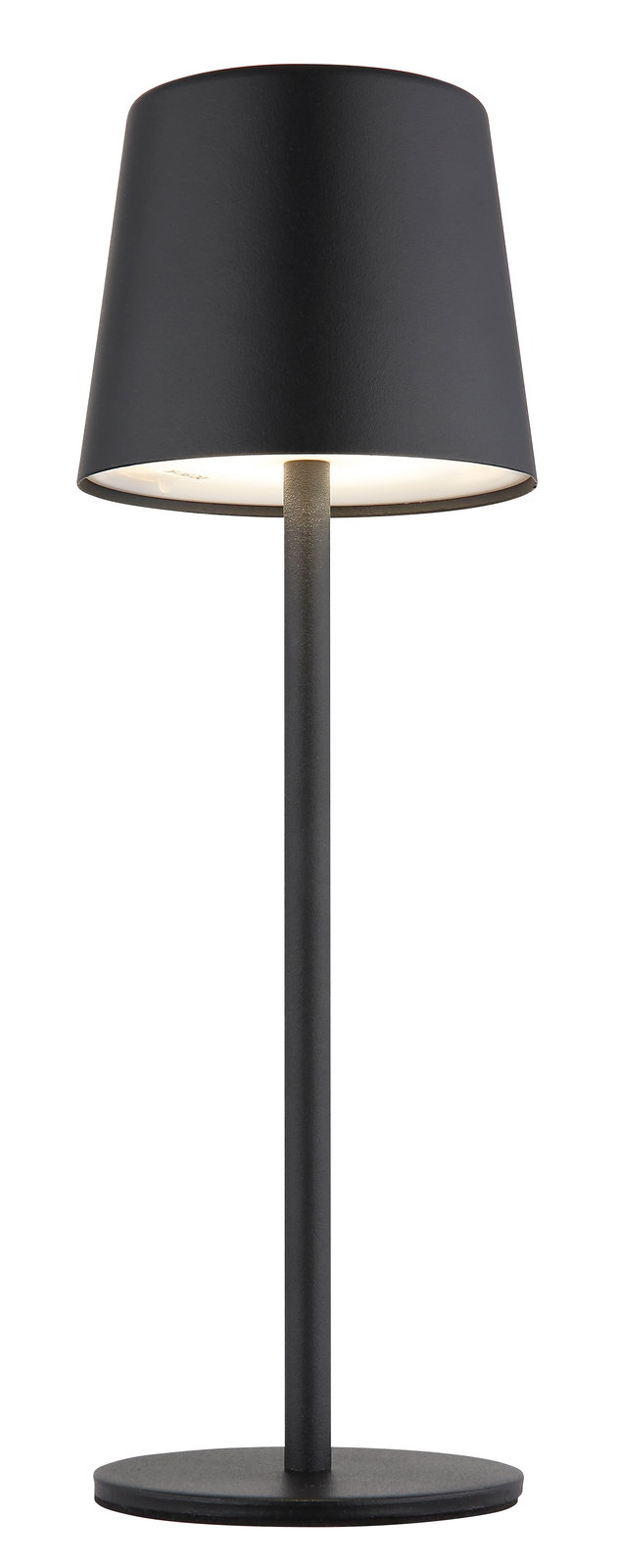 Moderne schwarze Tischleuchte mit zylindrischem Lampenschirm, seitliche Perspektive