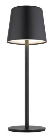 Moderne schwarze Tischleuchte mit zylindrischem Lampenschirm, seitliche Perspektive