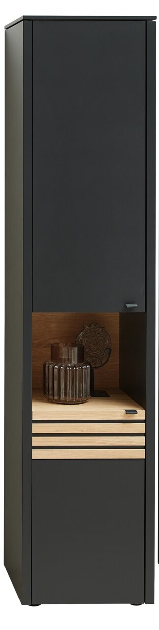 Moderne schwarze Vitrine mit Holzelementen, frontal abgebildet, mit dekorativen Glaselementen im offenen Fach.