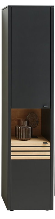 Moderne schwarze Vitrine mit Holzelementen, frontal abgebildet, mit dekorativen Glaselementen im offenen Fach.