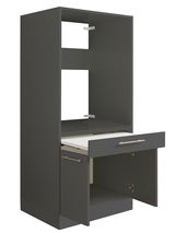 Grauer Geräteschrank mit offener Schublade und Tür, seitliche Perspektive