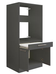 Grauer Geräteschrank mit offener Schublade und Tür, seitliche Perspektive