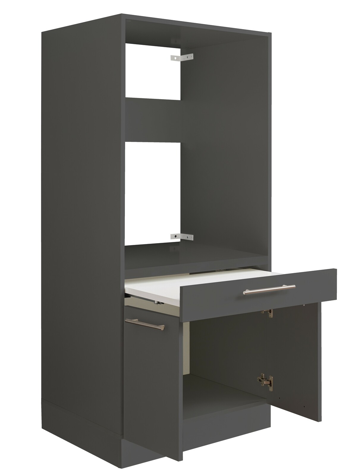 Grauer Geräteschrank mit offener Schublade und Tür, seitliche Perspektive