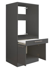 Grauer Geräteschrank mit offener Schublade und Tür, seitliche Perspektive