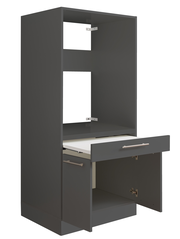 Grauer Geräteschrank mit offener Schublade und Tür, seitliche Perspektive