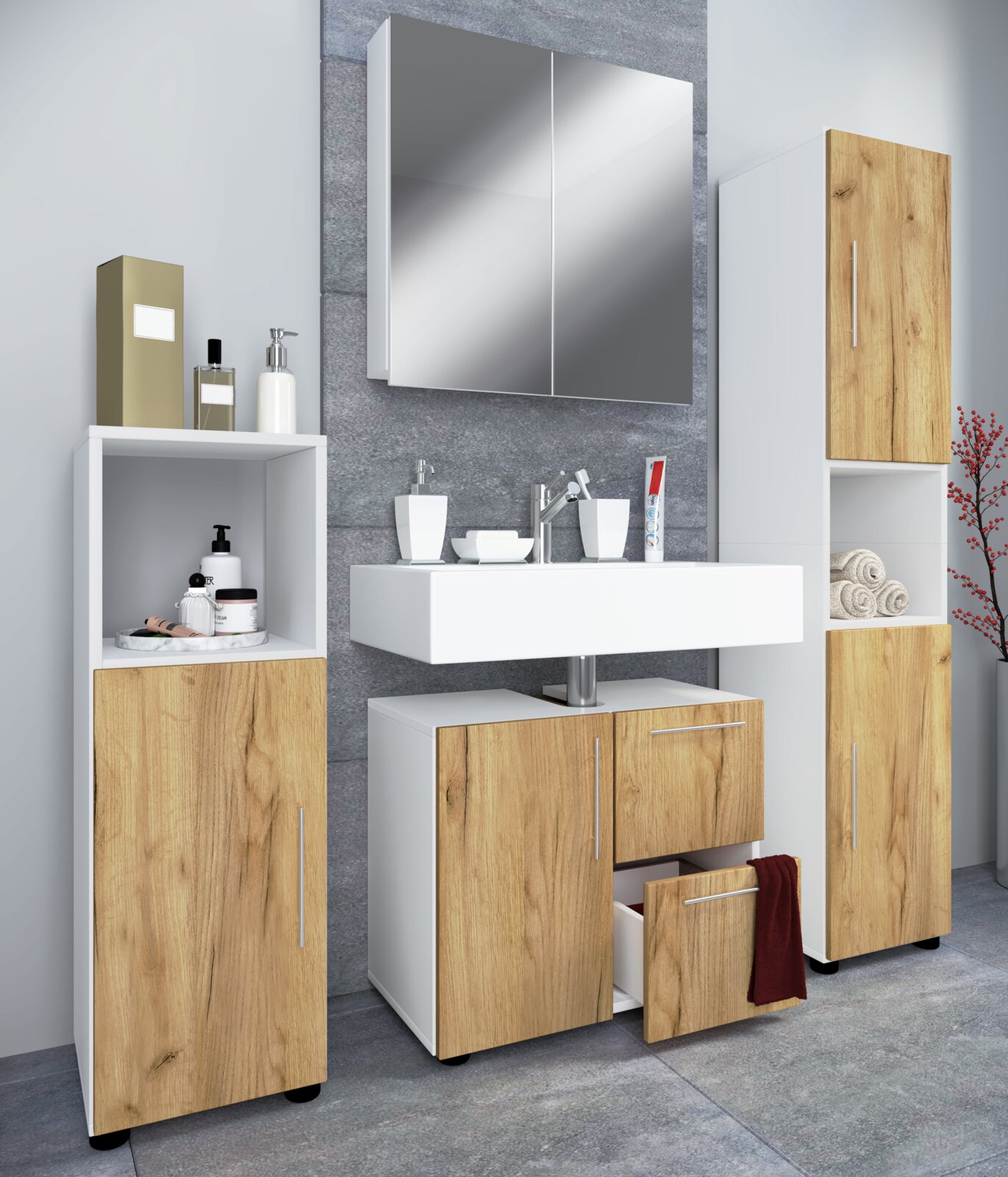 Badezimmermöbel-Set in Weiß mit Eiche-Optik, Waschtischunterschrank mit geöffneter Schublade, Spiegelschrank und zwei Hochschränken, Frontansicht in leicht schräger Perspektive