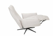 Seitliche Ansicht eines beigen Relaxsessels mit verstellbarer Rückenlehne und schwarzem Drehfuß.