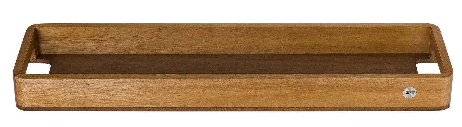 Ad Hoc Tablett 60cm SERVE Holztablett in rechteckiger Form mit erhöhtem Rand, seitlichen Griffen und einer natürlichen Holzmaserung, frontal betrachtet.