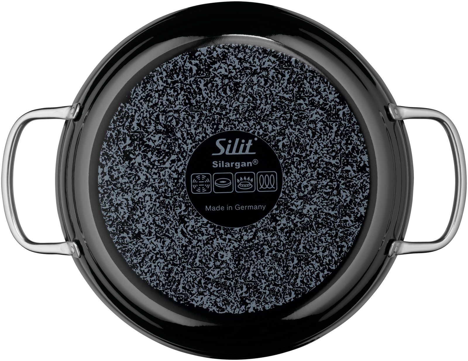 Servierpfanne Professional 28 cm, Draufsicht, schwarze Silargan-Beschichtung, zwei Griffe, Made in Germany