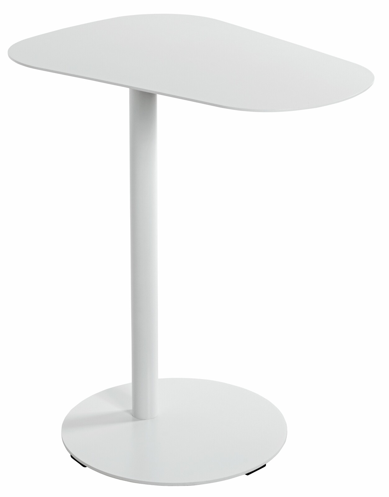 XORA Beistelltisch CONNOR Moderner weißer Beistelltisch mit runder Basis und asymmetrischer Tischplatte, seitliche Perspektive