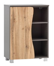 Moderner Unterschrank mit einer Kombination aus Holz- und Grautönen, linke Tür aus Holzoptik, rechte Seite offen mit zwei Regalböden, Perspektive von vorne.